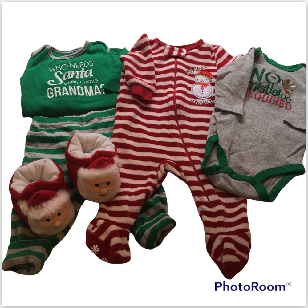 2/$18 3 Month Christmas Onesies, Sleeper, Pants and Santa Slipper Set